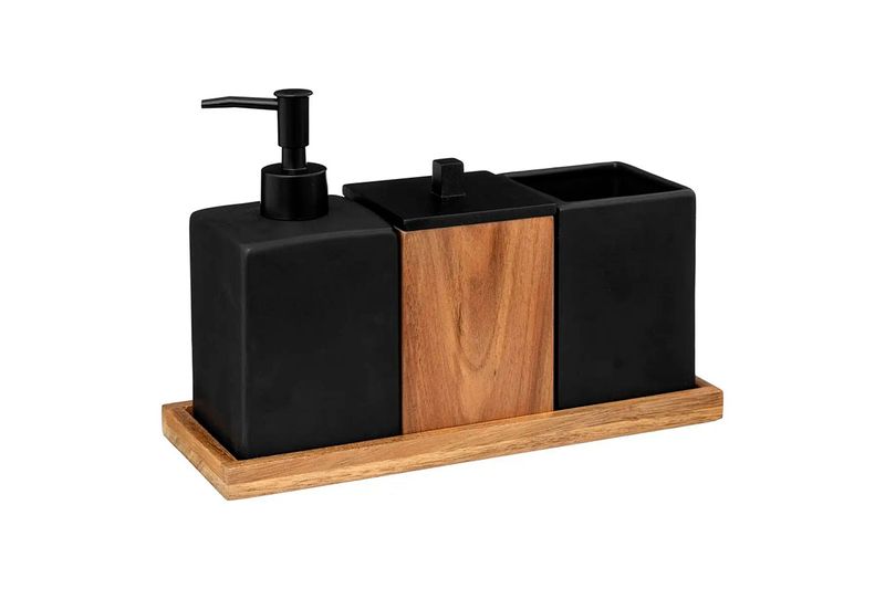 Organizador y accesorios para baño Five Simply Smart 5five, set negro con madera compuesto por dispensador, frasco y porta