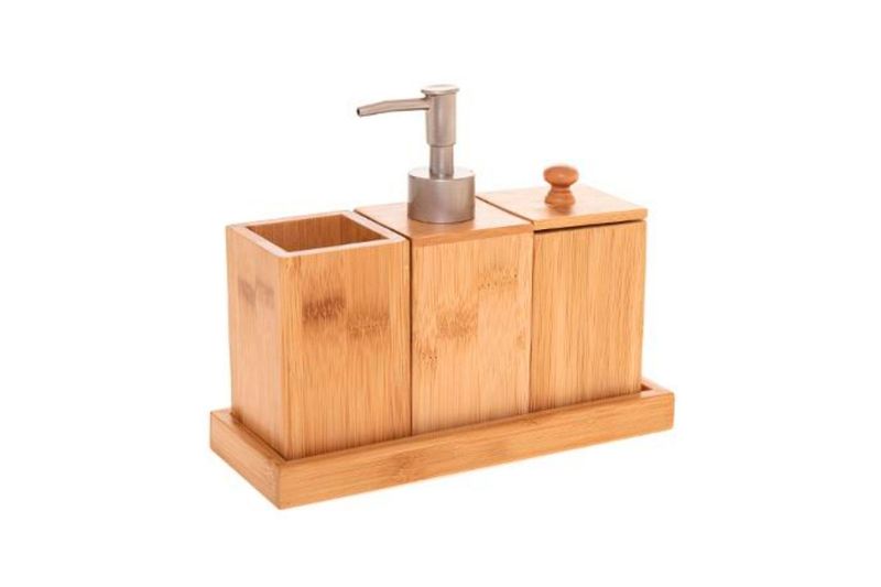 Organizador accesorios para baño Five Simply Smart 5five, set de bambú con dispensador de jabón y porta cepillos