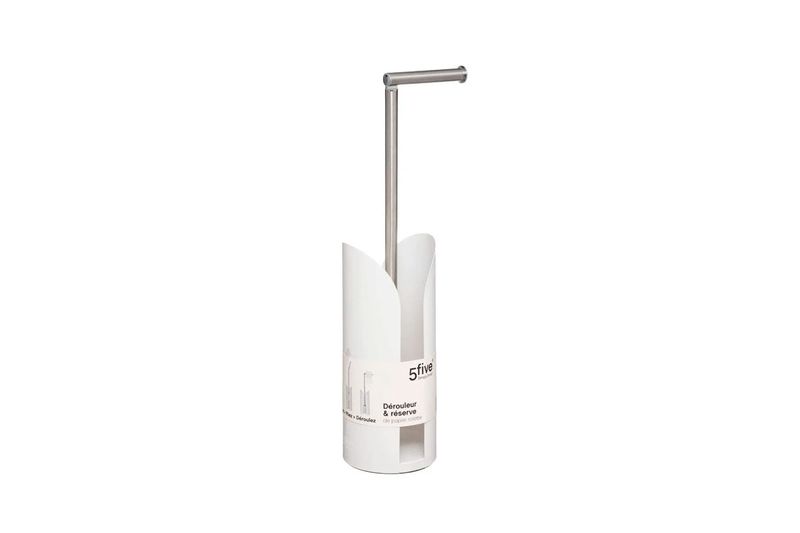 Organizador para papel higiénico blanco metálico 5five Simply Smart, vista frontal del soporte con el empaque blanco