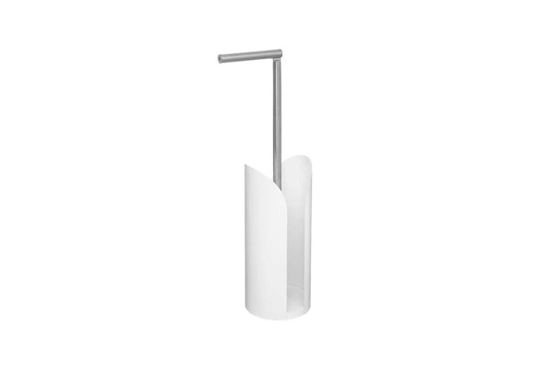 Organizador para papel higiénico blanco metálico 5five Simply Smart, vista frontal del soporte cilíndrico con brazo cromado