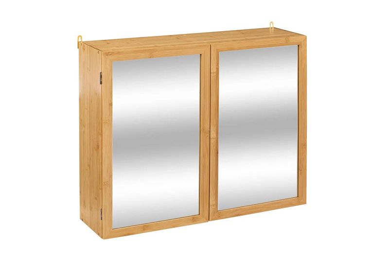 Gabinete doble con espejo bamboo 70x20x58 cm 5five, vista frontal del mueble de madera clara con dos puertas de espejo