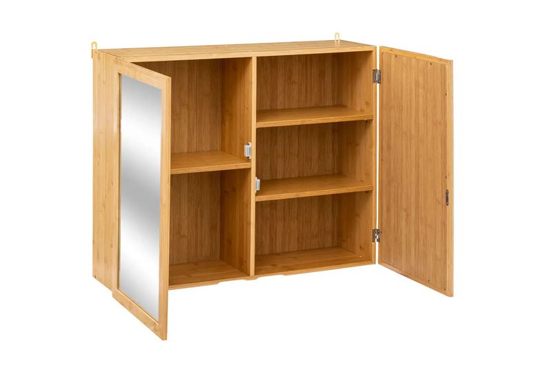 Gabinete doble con espejo bamboo 70 x 20 x 58 cm 5five, vista frontal con puertas abiertas mostrando repisas internas