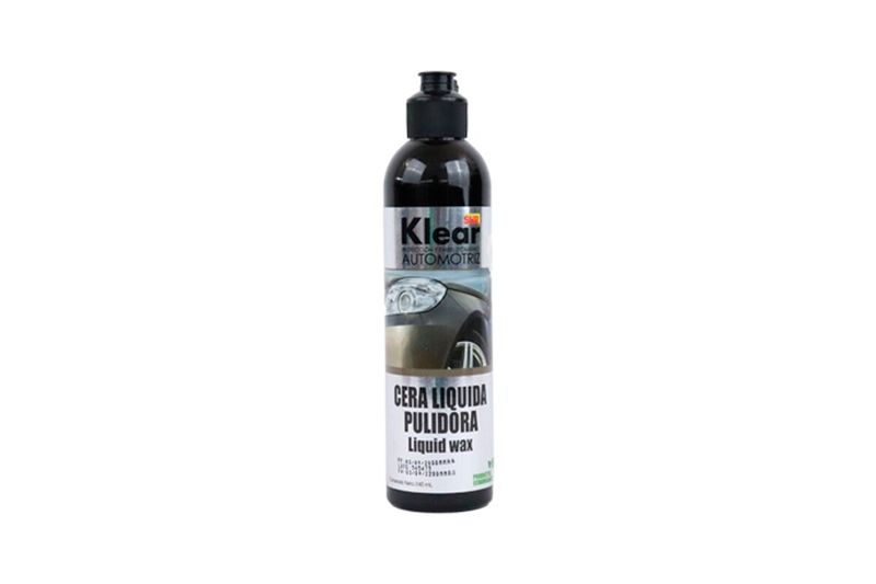 Cera pulidora para autos Klear Sur de 240 ml líquido, botella plástica oscura con etiqueta blanca y azul