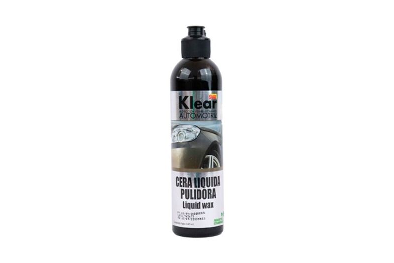 Cera pulidora para autos Klear Sur de 240 ml líquido, botella marrón con etiqueta blanca y foto de un auto