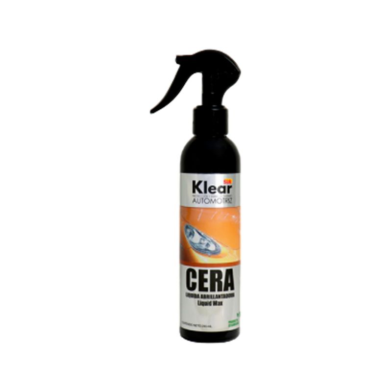 Cera abrillantadora para autos Klear Sur de 240 ml líquido, botella negra con atomizador y etiqueta blanca y naranja