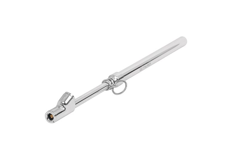 Medidor de presión para llantas Truper 10-200 PSI cabeza doble, vista lateral del cuerpo metálico cromado