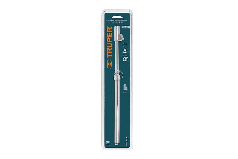 Medidor de presión para llantas Truper de 10-200 PSI cabeza doble, en empaque blíster con soporte para colgar
