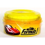 Cera con carnauba Formula 1 de 8 onzas pasta, envase circular amarillo con ilustración de auto rojo y logo de la marca