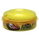 Cera con carnauba Fórmula 1 de 8 onzas pasta, envase circular amarillo con etiqueta y dibujo de auto rojo