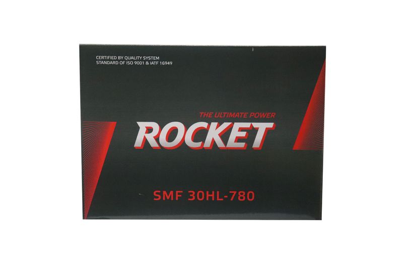 Batería SMF 30HL-102 780 CCA 12V 17P/5.4L Rocket, empaque negro con logotipo rojo y modelo SMF 30HL-780