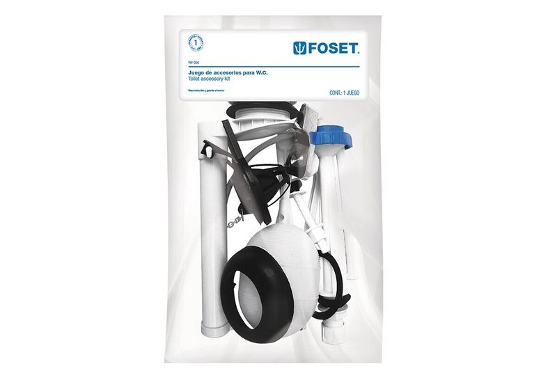 Kit de reparación inodoro Foset, empaque plástico transparente con componentes blancos, negros y azules