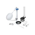 Kit de reparación inodoro Foset, conjunto de piezas blancas y azules con empaques negros y cadena metálica