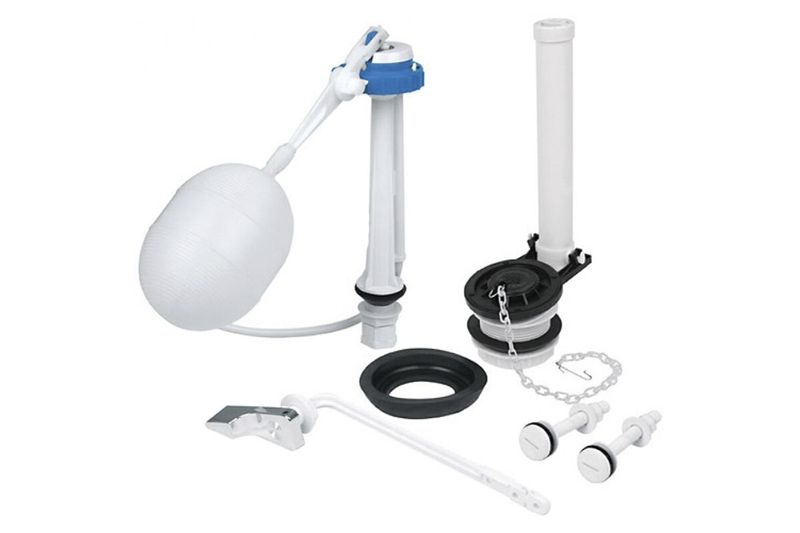 Kit de reparación inodoro Foset, conjunto de piezas blancas y azules con empaques negros y cadena metálica
