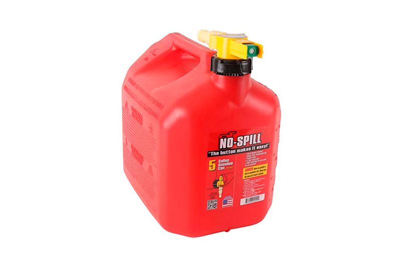 Bidón plástico para gasolina Push Control 5 gal No-Spill, color rojo con boquilla amarilla y etiqueta informativa