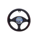 Forro de timón para auto de 38 cm cuero negro/rojo Goodyear, vista frontal sobre volante con empaque circular central