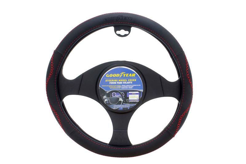 Forro de timón para auto de 38 cm cuero negro/rojo Goodyear, vista frontal sobre volante con empaque circular central