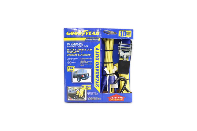 Juego de correa para auto 4 piezas tensor con ratchet 3 m 136 kg Goodyear, en empaque azul con correas amarillas