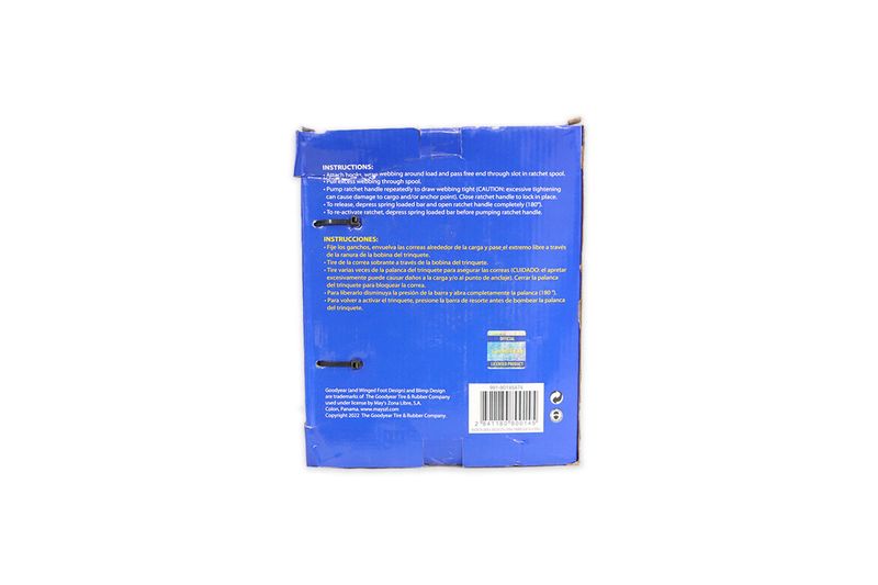 Juego de correa para auto 4 piezas tensor con ratchet 3 m 136 kg Goodyear, parte posterior de la caja con instrucciones