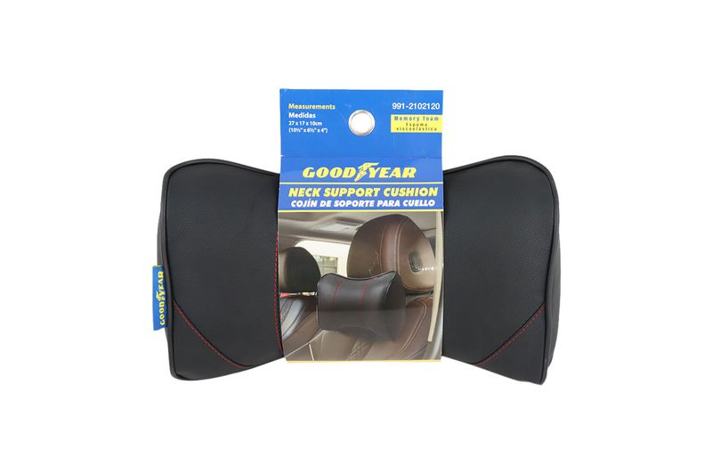 Almohada soporte para cuello para auto negro Goodyear, producto frontal con empaque de cartón azul y amarillo