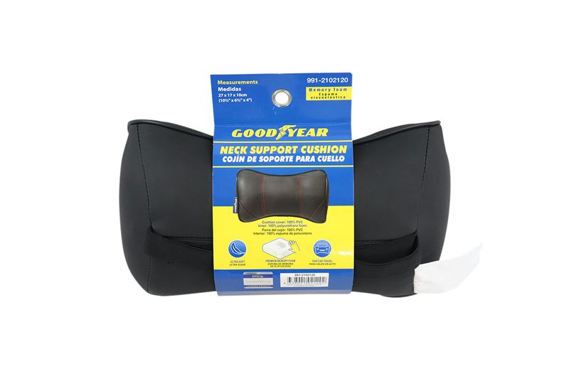 Almohada soporte para cuello para auto negro Goodyear, producto en su empaque con descripción técnica y medidas