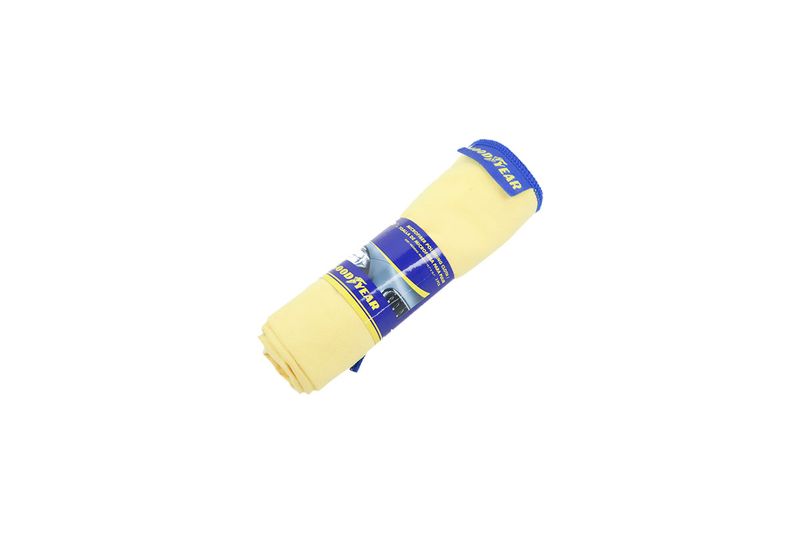 Juego de toalla microfibra para auto 3 piezas amarillas Goodyear, producto enrollado con banda azul de empaque