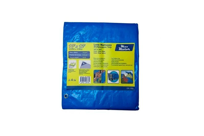 Lona para auto 10 x 12 pies azul/gris Max Motor, doblada en su empaque plástico con etiqueta informativa