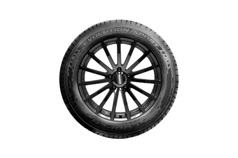 Llanta 195/65R15 91H Evo Sport Cooper, vista frontal del neumático montado sobre un rin negro multirradio