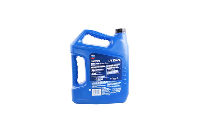 Aceite mineral Supreme SAE 10W30 API SP/SN Plus 1 galón Chevron, vista posterior de la botella azul con instrucciones