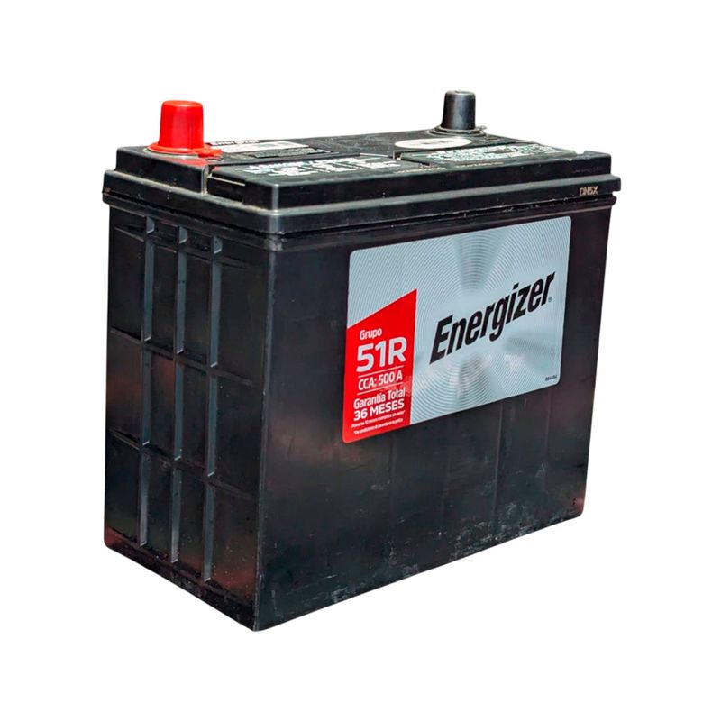 Batería Energizer EN-51R-500, CCA 500 amp, vista lateral con terminal positivo rojo y etiqueta de garantía