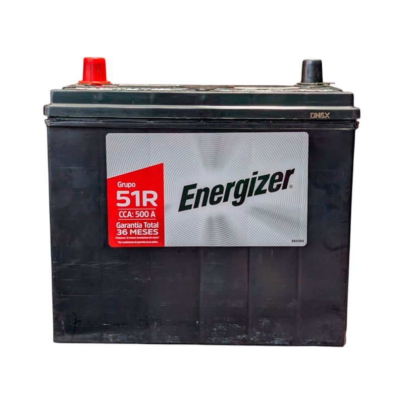 Batería Energizer EN-51R-500, CCA 500 AMP, vista frontal con terminales rojo y negro y etiqueta de garantía