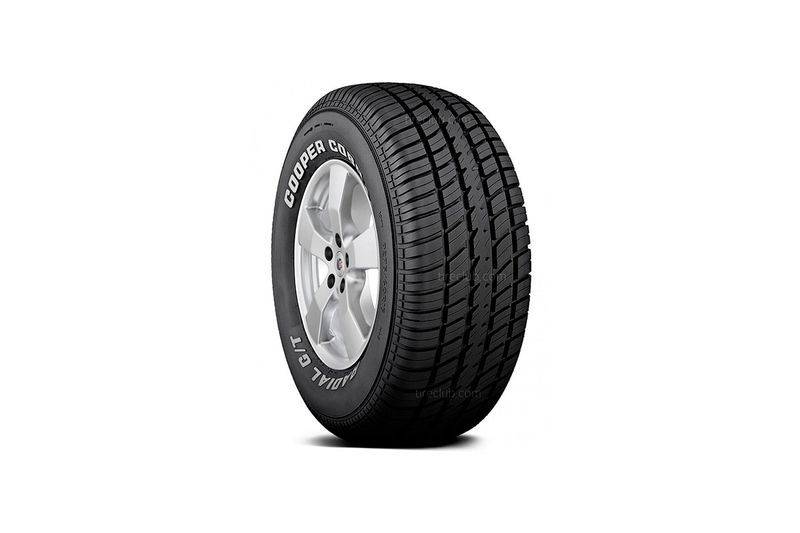 Llanta 225/70R14 98T Cooper Cobra Radial G/T, vista frontal con dibujo de banda de rodamiento y rin plateado