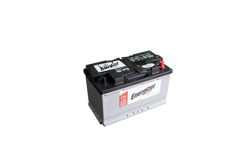 Batería Energizer AGM EP-94R-850, CCA 850 amp Energizer, vista lateral con etiqueta blanca y borne positivo rojo