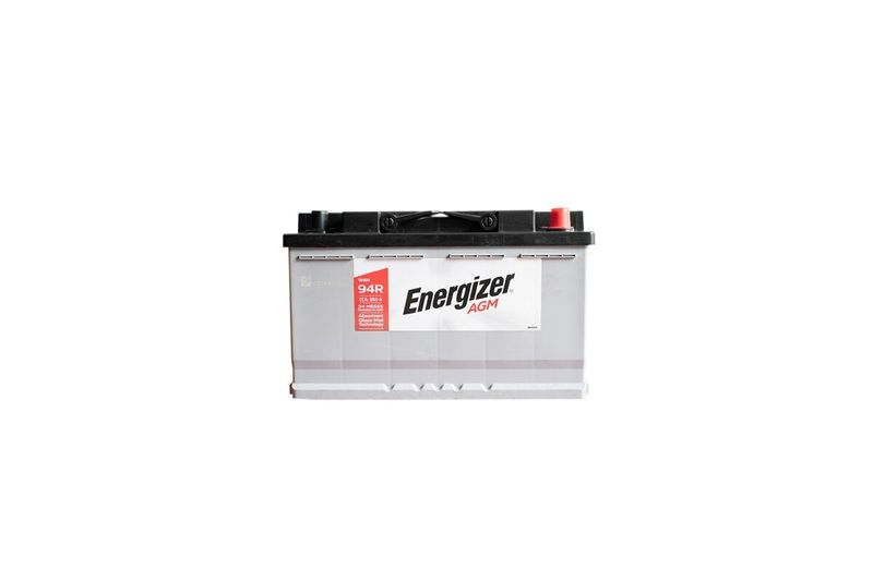 Batería Energizer AGM EP-94R-850, CCA 850 amp Energizer, vista frontal de la batería en color gris con terminales superiores