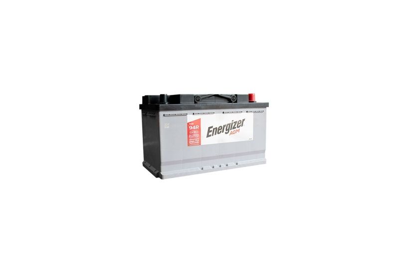 Batería Energizer AGM EP-94R-850, CCA 850 amp Energizer, vista lateral frontal con etiqueta blanca y borneras negras y roja