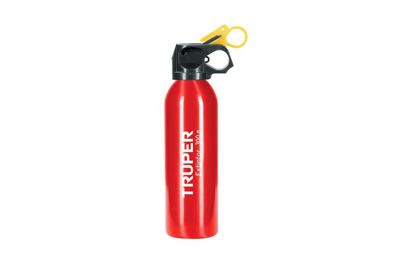 Extintor de emergencia desechable 300 g tipo ABC Truper, cuerpo rojo con válvula negra y pasador amarillo