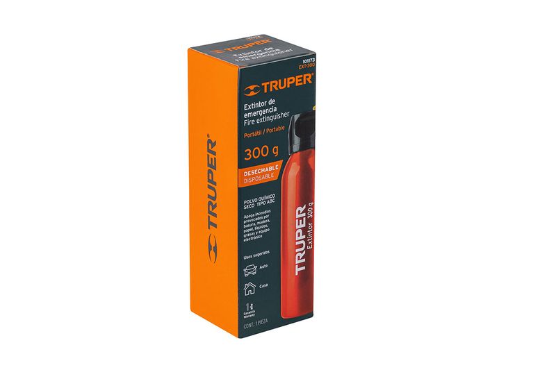Extintor de emergencia desechable 300 g tipo ABC Truper, en su empaque de cartón naranja con ilustración del producto