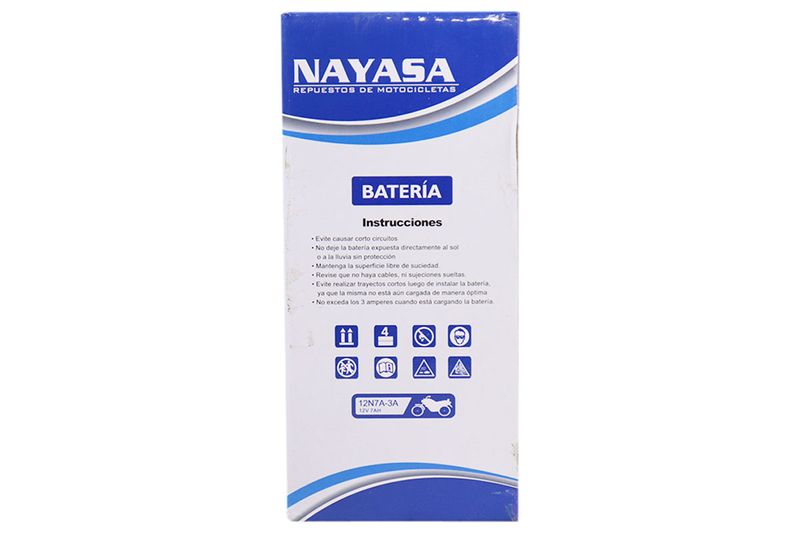 Batería sellada con gel 12N7A-3A 12 V/7 A Nayasa, parte trasera de la caja con instrucciones de uso y advertencias