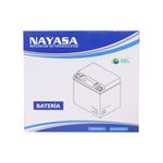 Batería sellada con gel 12N7A-3A 12 V / 7 A Nayasa, empaque de cartón con dibujo lineal del producto y logo de gel