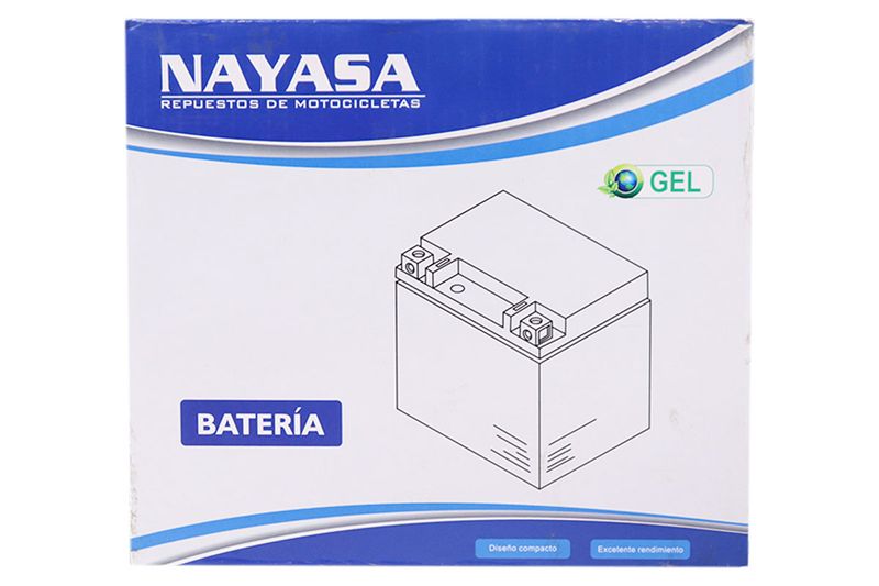 Batería sellada con gel 12N7A-3A 12 V / 7 A Nayasa, empaque de cartón con dibujo lineal del producto y logo de gel