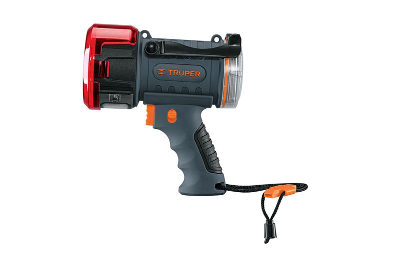 Lámpara recargable 2000 lúmenes alta potencia para auto Truper, vista lateral del equipo en color gris y naranja