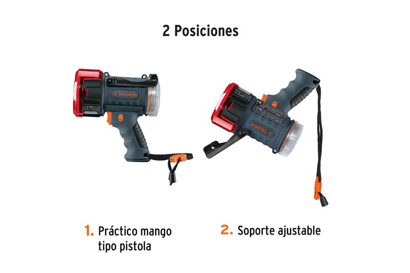 Lámpara recargable 2000 lúmenes alta potencia para auto Truper, gráfico comparativo de sus dos posiciones de uso