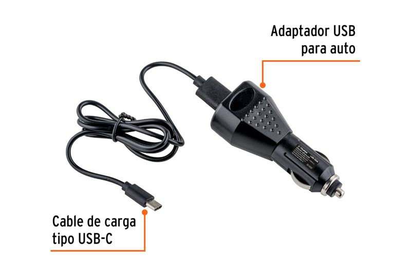 Lámpara recargable 2000 lúmenes alta potencia para auto Truper, adaptador USB para auto con cable de carga tipo USB-C