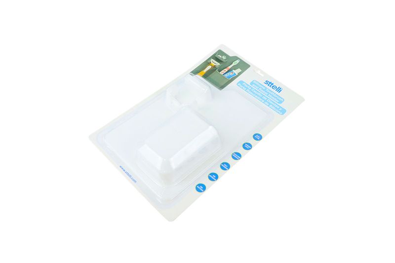 Portacepillo de dientes y máquina de afeitar silicón blanco Sttelli, empaque blister transparente con ilustración del uso