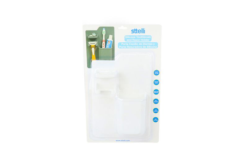 Portacepillo de dientes y máquina de afeitar blanco Sttelli, en empaque plástico transparente con ilustración de uso