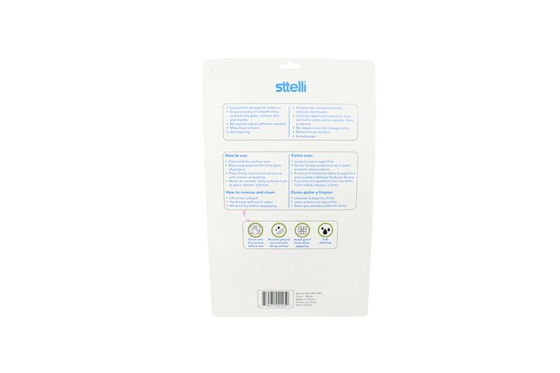 Portacepillo de diente y máquina de afeitar silicone blanco Sttelli, parte posterior del empaque con instrucciones de uso