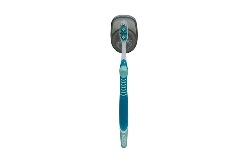 Porta cepillo dientes de succión Sttelli, soporte gris transparente con un cepillo de dientes azul colocado
