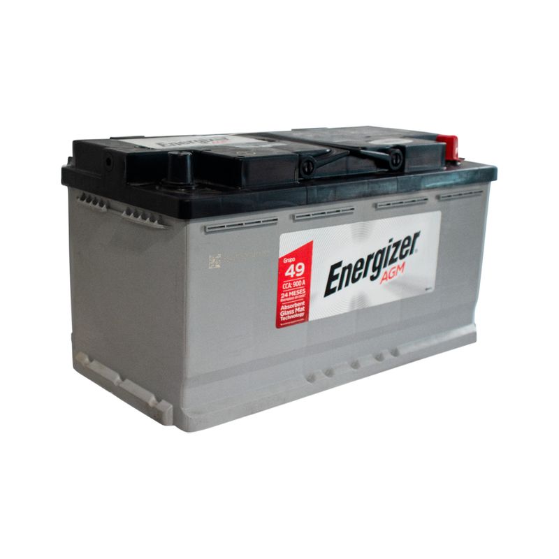 Batería Energizer EP-49-900 AGM, vista lateral en ángulo que muestra el cuerpo gris y la etiqueta técnica roja y blanca