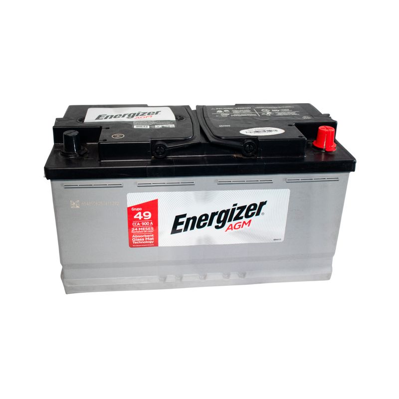 Batería Energizer EP-49-900 AGM, vista frontal en color gris y negro con terminal positivo rojo