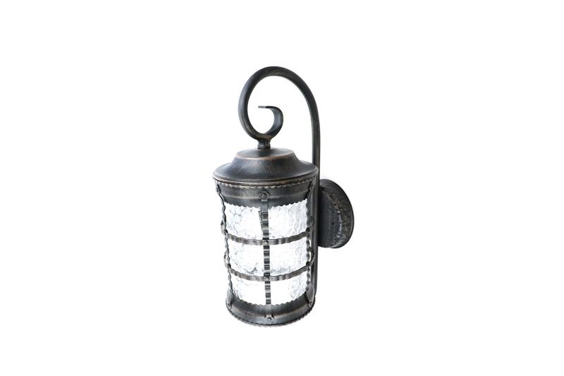 Luminaria de pared exterior bronce E27 1 luz 26 W clásico Terme Tecnolite, vista lateral del farol con vidrio texturizado