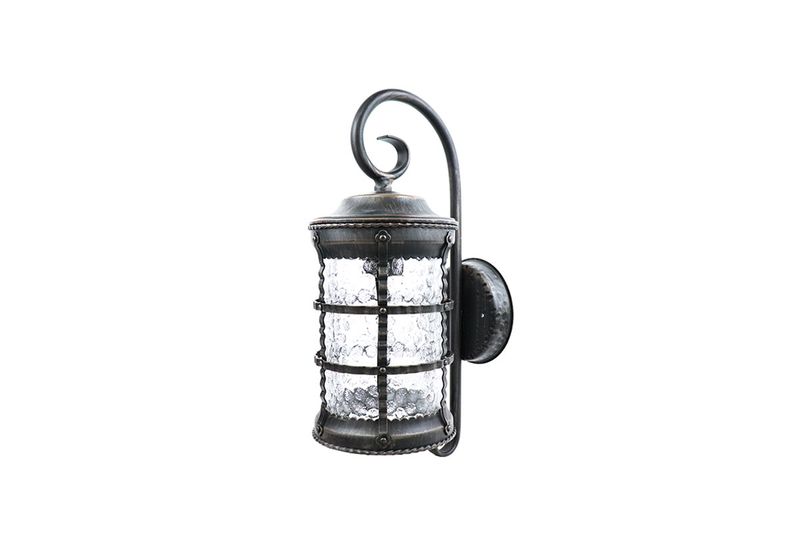 Luminaria de pared exterior bronce E27 1 luz 26W clásico Terme Tecnolite, vista lateral del farol con vidrio texturizado